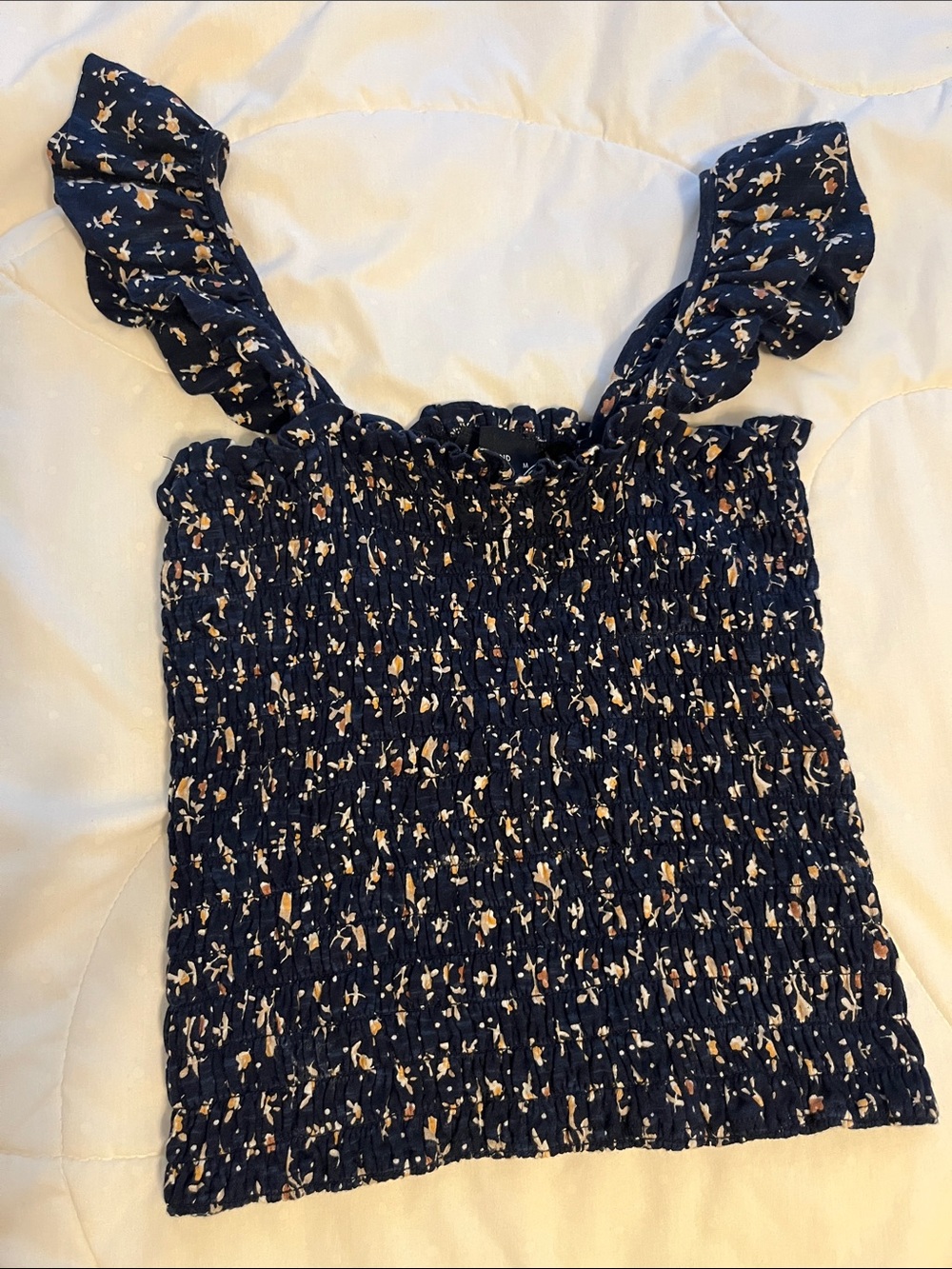 Lucky Brand Navy Smocked Floral Ruffle Strap Tank
